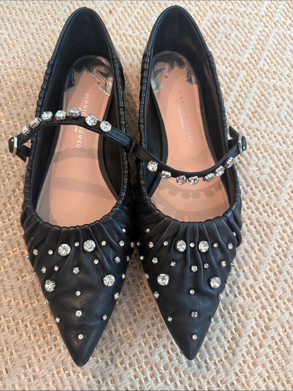 Antonio Melani: Jennifer Sumko Black Embellished Pointed Toe Mary Jane Flats